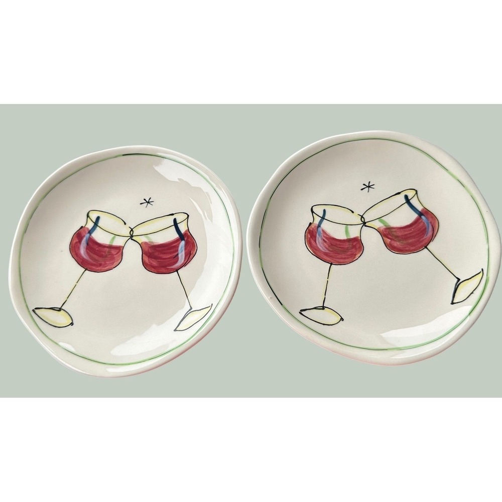 Julia Junkin Studio Wine Glass Appetizer Plates Set of 2 Red Wine Toast Ceramic